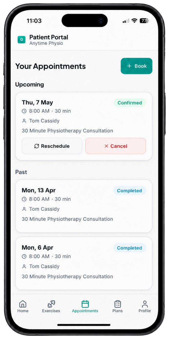 Patient app: appointments list with reschedule and cancel actions