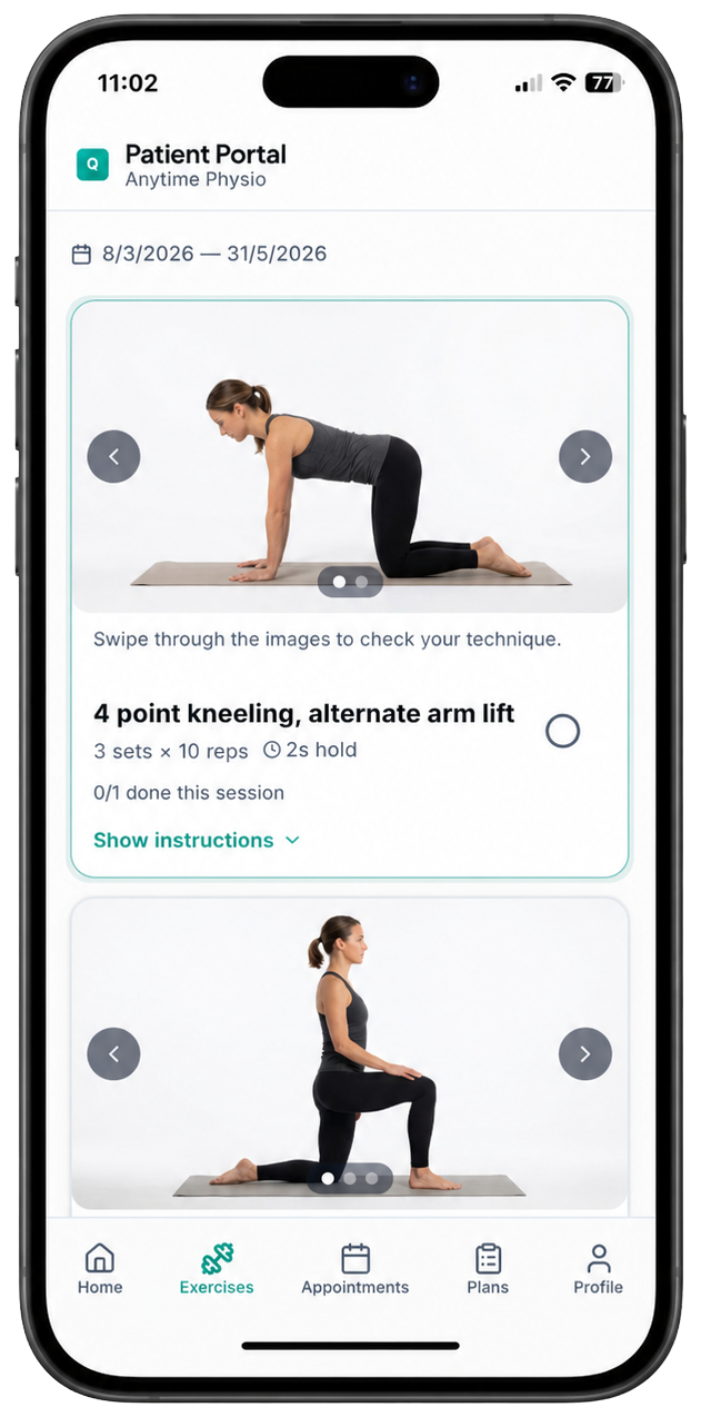 Patient app: exercise plan with photos, sets and reps